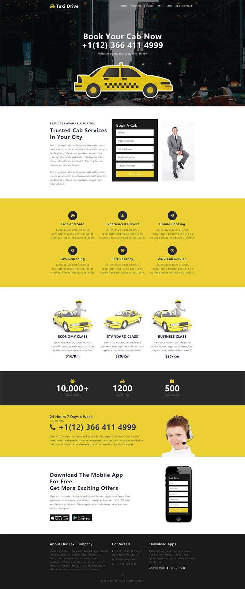 黄色出租车服务网站单页响应式网页html模板 - 项目资源网
